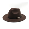 Classic dark brown woolen jazz fedora hat with black leather belt and gold studs decoration - Coffee