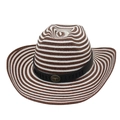 British style wide brim striped straw jazz hat with brown leather band and bull logo - One Size Straw Hat (Horizontal Stripe) / Coffee White with Windproof Rope (Black Small Bull)