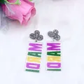 Acrylic Mardi Gras rectangle drop earring with silver glitter clover and colorful stripes - Cloud