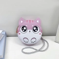 Pink and white cat-shaped kids crossbody bag with silver woven rope strap and PU leather - Purple