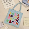 Light blue canvas tote bag with chenille colorful letter embroidery for daily use - Light Blue