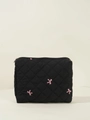 Black quilted makeup bag with pink bow embroidery and sturdy zipper closure - Medium Insert Bag / Black