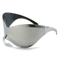 Y2K oversized wraparound mirrored sunglasses with futuristic silver lens and black frame - Regular / Full Silver Mirror
