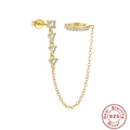 Polsino per orecchio in argento S925 dorato con catena e pietre di zircone lucide - Orecchino singolo e Ear Cuff Catena integrata / Oro