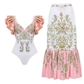 Completo con body stampa etnica, volant e gonna lunga coordinata per le vacanze - S / Set con Volant