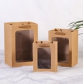 Three sizes of brown kraft paper gift bags with clear windows and woven handles - Kraft Color