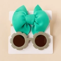 Detail view of mint green bow headband and grey flower sunglasses set on display card - Mint Green 2-Piece Set (#2)