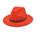 Close-up of red wool fedora hat featuring a black leather band and silver metal rivets - Orange Red