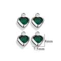 Pack of 4 silver stainless steel heart pendants with green crystal, size 8mm x 7.5mm - Single Hole-Dark Green / Steel