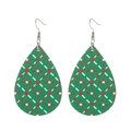 Detail of teardrop leather earrings featuring a green and red geometric grid pattern - Green Base Red White Grid