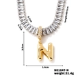 Detailed view of gold plated letter N pendant necklace with baguette cut cubic zirconia - Letter N Shape Style (N01047-N)