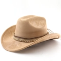 Detail view of suede cowboy hat with bohemian beaded band and golden sequins - M (56-58cm) / Dark Camel