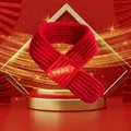 Red festive knitted pet scarf with PING AN XI LE label for cats and small dogs - Peace and Joy