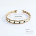 18K PVD gold plated woven steel wire bangle with a green round zircon gemstone - Five Green Round Stone Style (624-05)
