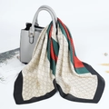 70cm silk-like satin square scarf with beige interlocking prints and red-green stripes - Black