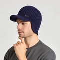 Winter navy blue knit trapper hat with brim and JEANS metal tag for men - Navy Blue