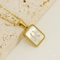 Golden 18K stainless steel rectangle pendant with white shell inlay and wave design - With Cable Chain / Taurus