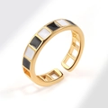 Golden adjustable open ring with black and white geometric enamel rectangular pattern - Black and White Checkerboard (AJ755)