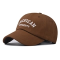 Detail of white AMERICAN UNIVERSITY embroidery on brown cotton canvas baseball cap - Adjustable / Caramel color