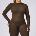 Women's plus size yoga set in dark brown with a slim-fit zip jacket and leggings - XXL / Outerwear / Coffee
