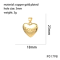 Detailed size specifications for heart-shaped copper gold plated pendant with Love engraving - P01798-Gold Love Letter Heart