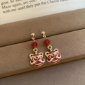Golden lion dance drop earrings with red beads and enamel detail for festive style - 54# Silver Earring Post Gold Red Lion Dance Pendant Style 1