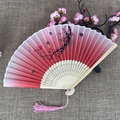 Chinese style folding fan with red gradient silk, plum blossoms and pink tassel - No.58 Red Gradient Plum Butterfly