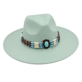 Detail of bohemian beaded hat band with turquoise pendant on a wide brim felt fedora - One Size / Mint Green (Mint Green 9.5cm [Bead Band])