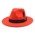 Detailed top view of red cashmere felt hat featuring black ribbon and decorative feathers - M (56-58cm) / Orange Red