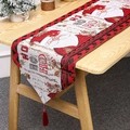 Knitted Christmas table runner with Santa Claus design and red tassels on wooden table - Red Santa Claus (J3-3)