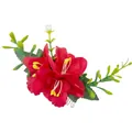 Bohemian hair comb with large red hibiscus flowers and green leaves on silver metal pins - FS36-5 Red