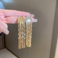 Detailed view of elegant gold tassel earrings featuring sparkling crystal rhinestones - 44# 925 Sterling Silver Earring Post - Gold (U-shape Tassel)