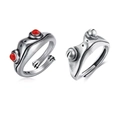 Vintage S925 sterling silver open frog rings with retro finish and red stone accents - Retro 925 Silver Frog Couple Ring Style