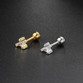 Geometric triangular barbell stud earrings in gold and silver finish with clear zircon - Triple Stone Triangle / Silver