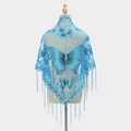 Sky blue lace triangle shawl featuring elegant butterfly embroidery and long fringes - Sky Blue