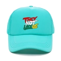 Turquoise trucker hat featuring 'THEY NOT LIKE US' graffiti text and breathable mesh back - M (56-58cm) / Lake Blue