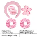 Pink plush headband with matching wristbands and velvet scrunchies for skincare set - 2-floral Six-piece Set In Pink