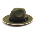 Classic dark olive wool fedora hat featuring black ribbon band and natural feather decor - M (56-58cm) / Army Green