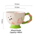 Pink ceramic panda mug with green base, relief peach pattern and twisted handle 400ml - Peach Bear