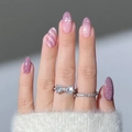 Pink gradient almond press-on nails with white snowflakes and glitter stripe patterns - Bz1653 Pink Shimmer / Jelly Glue + Nail File