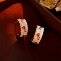 Elegant C-shaped earrings with red tulip pattern and white enamel on gold base - White Flower C-Shape