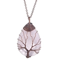 Tree of Life teardrop natural crystal pendant with antique bronze wire wrapping - Rose Quartz Bronze
