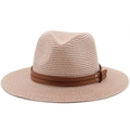 Detalle de la textura de paja trenzada y la banda de cuero marrón en el sombrero panamá - M (56-58cm) / Rosa