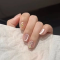 Short square pink cat-eye press-on nails with sparkling glitter sequins for women - Nude Pink Cat Eye Glitter Style (JL0696)