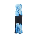 Detail van elegante zwarte off-shoulder maxi-jurk met grote blauwe bloemenprint ontwerp - S / Hemelsblauw