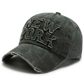 Vintage washed dark grey cotton baseball cap with New York patch and distressed holes - Army Green