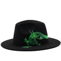 Chapeau fedora en laine noire avec broderie dragon vert et sequins sur bord large - M (56-58cm) / Style de Motif de Dragon Vert Peint à la Main (JX-3311-6) / Noir