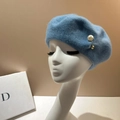 Detailed view of sky blue wool beret featuring white pearl and gold bead ornaments - M (56-58cm) / Sky Blue