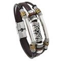 Bracciale multistrato da uomo in pelle con perline tribali e chiusura in acciaio - Pelle/Lega/Legno / Marrone