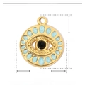 Detail view of a 15mm gold evil eye pendant showing stainless steel and blue enamel - Round Light Blue Natural Stone Evil Eye (YE652-2)